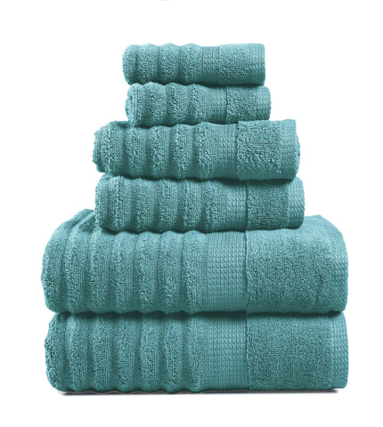 LANE LINEN front view of teal towel set showing full collection and styling benefit