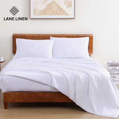 lane linen ticking stripe close-up showing crisp weave and breathable feel