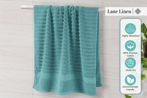 LANE LINEN size comparison showing hand towel beside bath towel for scale and fit