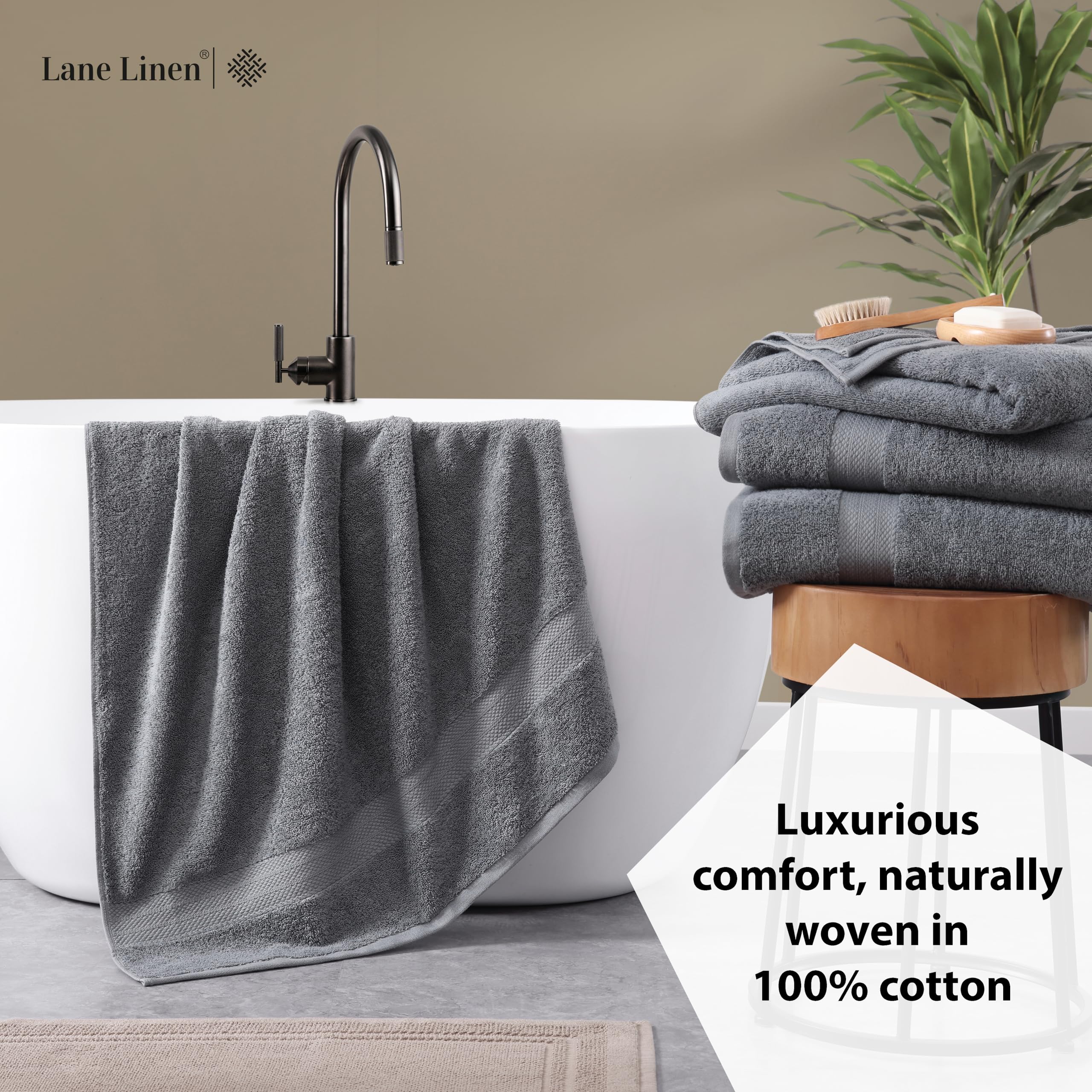 LANE LINEN towels neatly folded on shelf showing tidy storage and polished look benefit