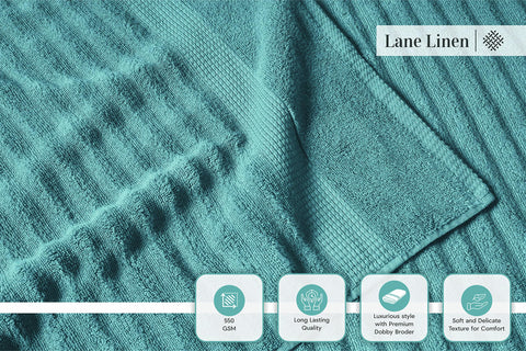 LANE LINEN stacked towels on bathroom shelf illustrating neat storage and décor boost