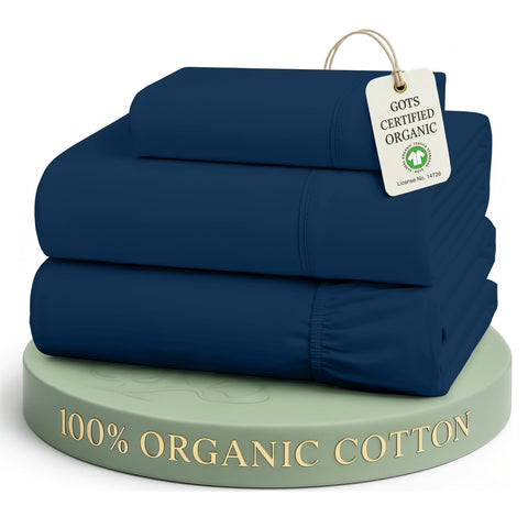 LANE LINEN front-packaged Twin XL sheets in navy showing eco bag and labels