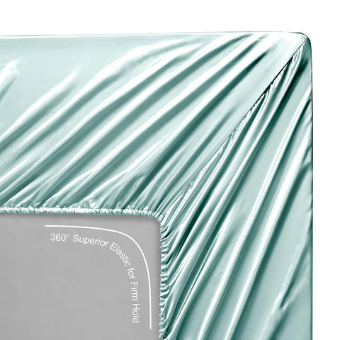 Lanest Housing styled bedroom with aqua sheets creating elegant, gift-ready bedding