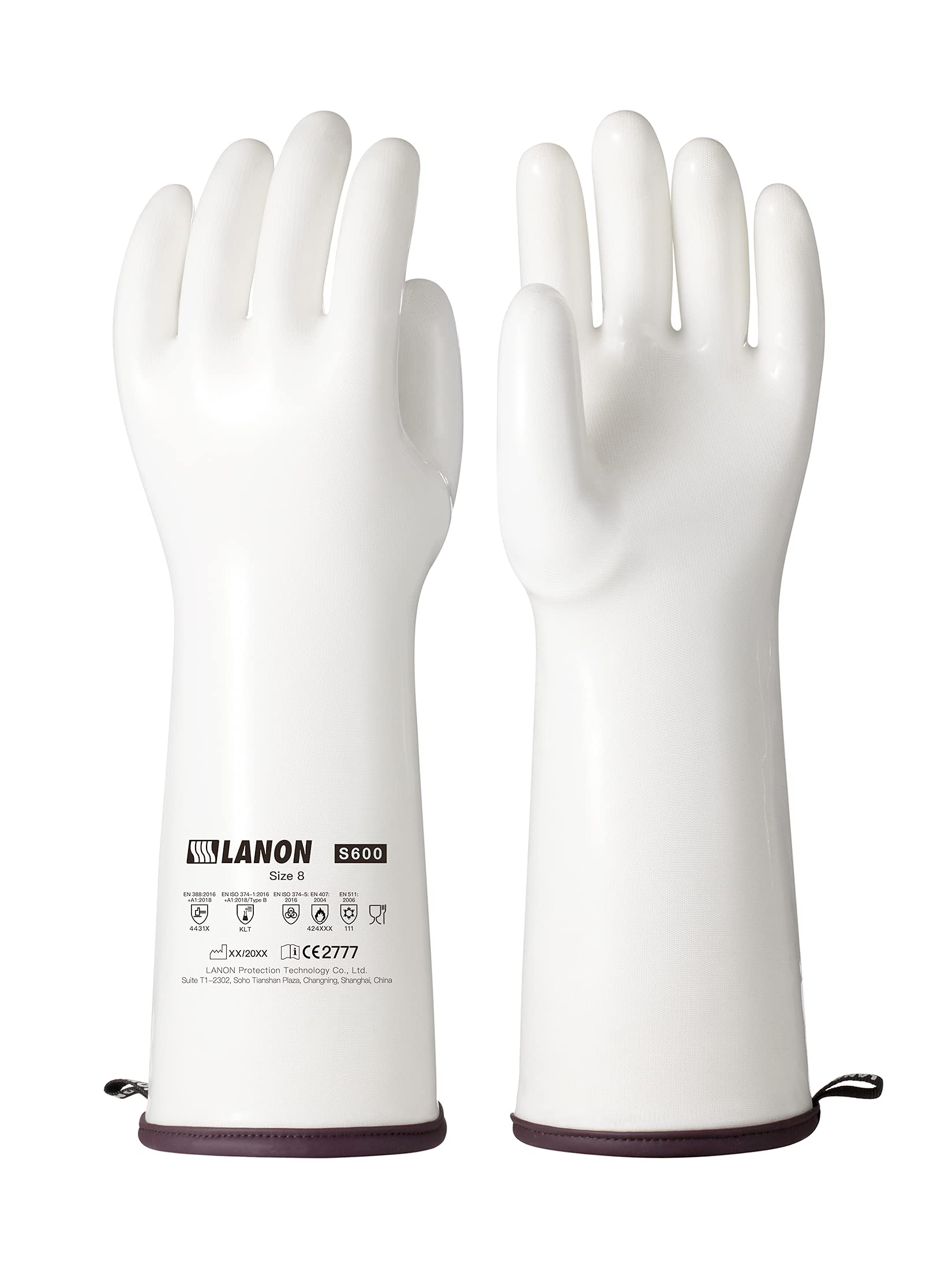 LANON front view of white 15 inch silicone oven mitt showing protective coverage and easy grip