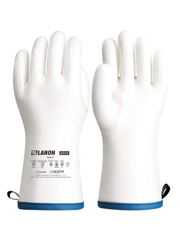 LANON oven mitt front view showing white silicone and grip benefit