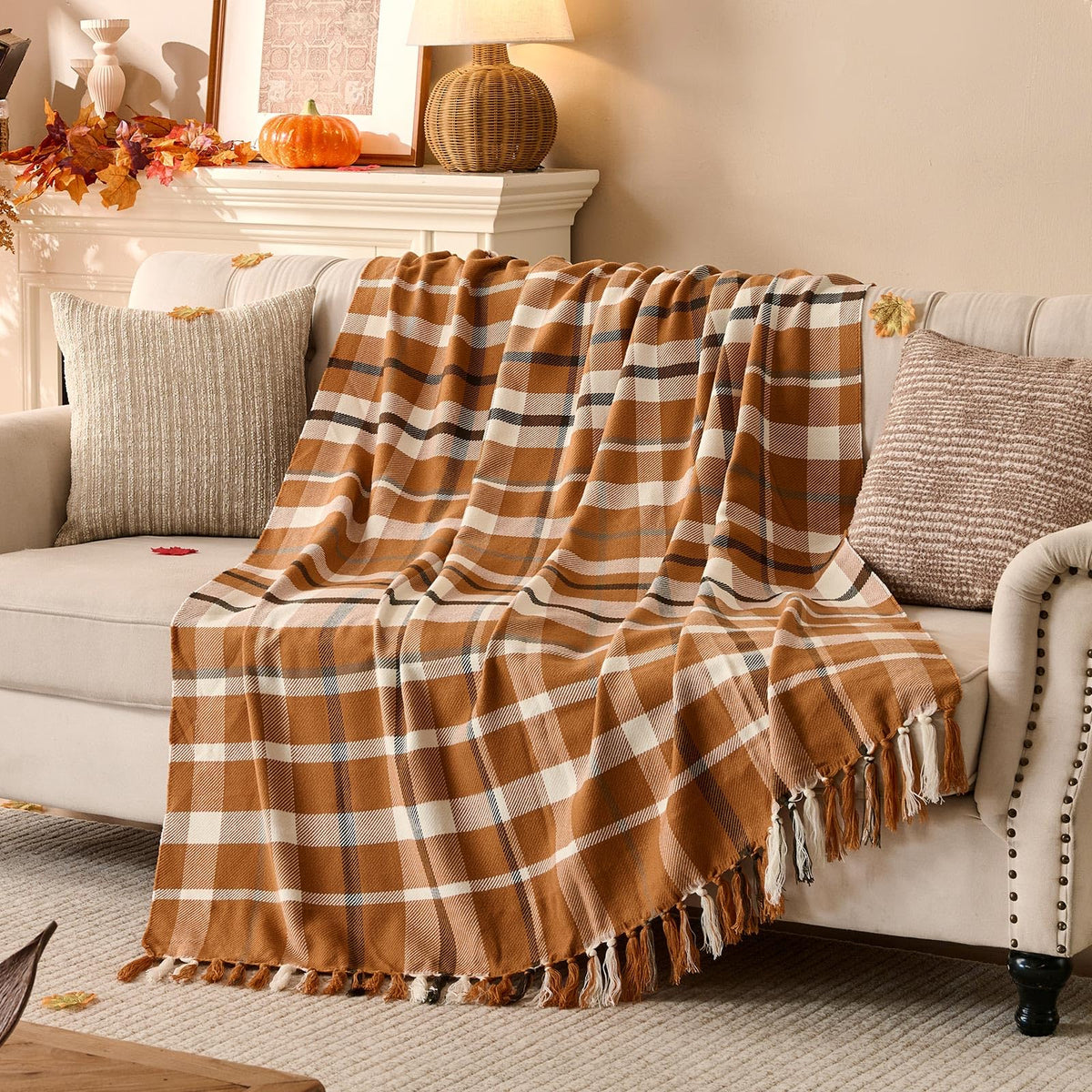 Lanpn khaki plaid front view showing elegant pattern and cozy appeal