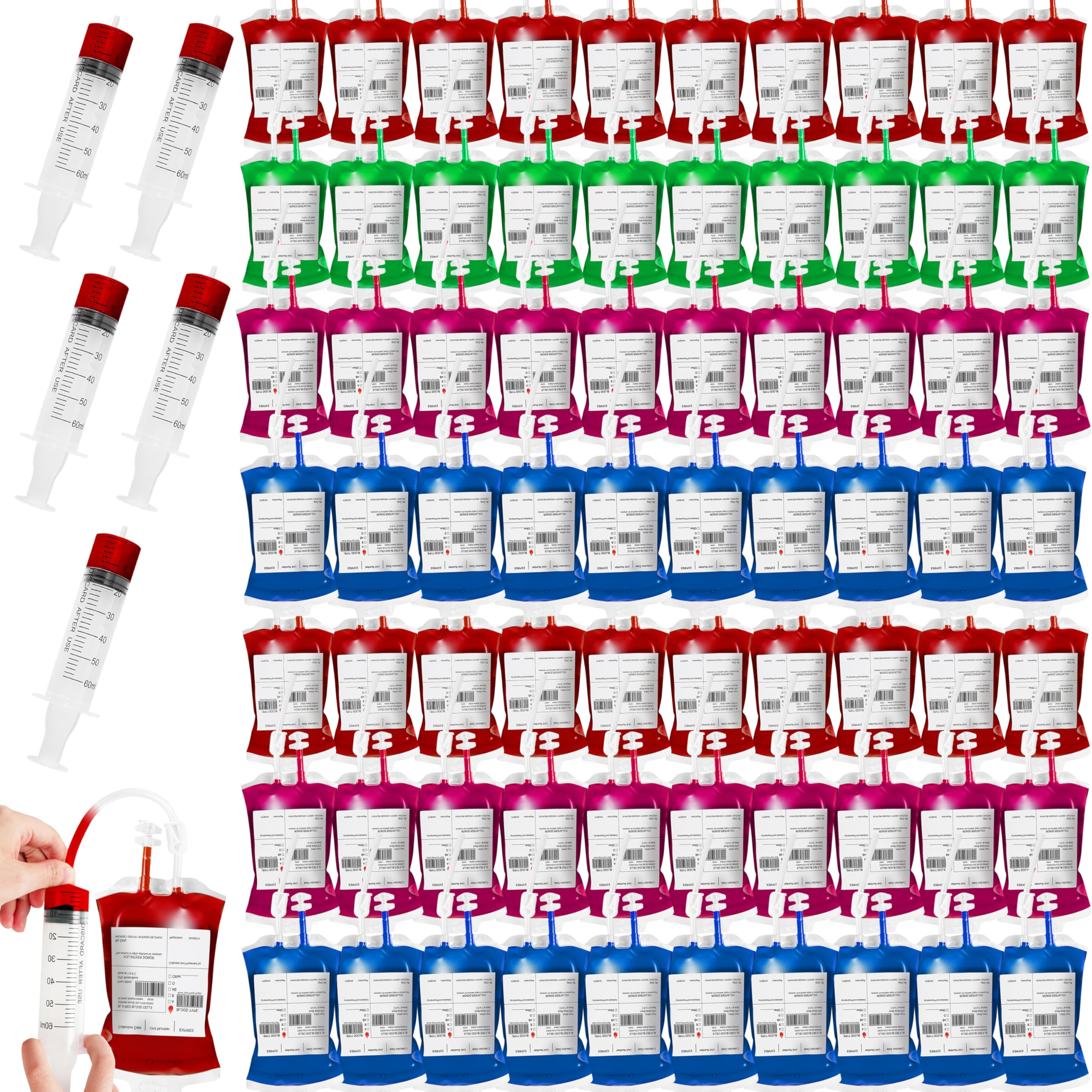 Lansian front view of 80-pack blood IV drink bags showcasing contents and accessories