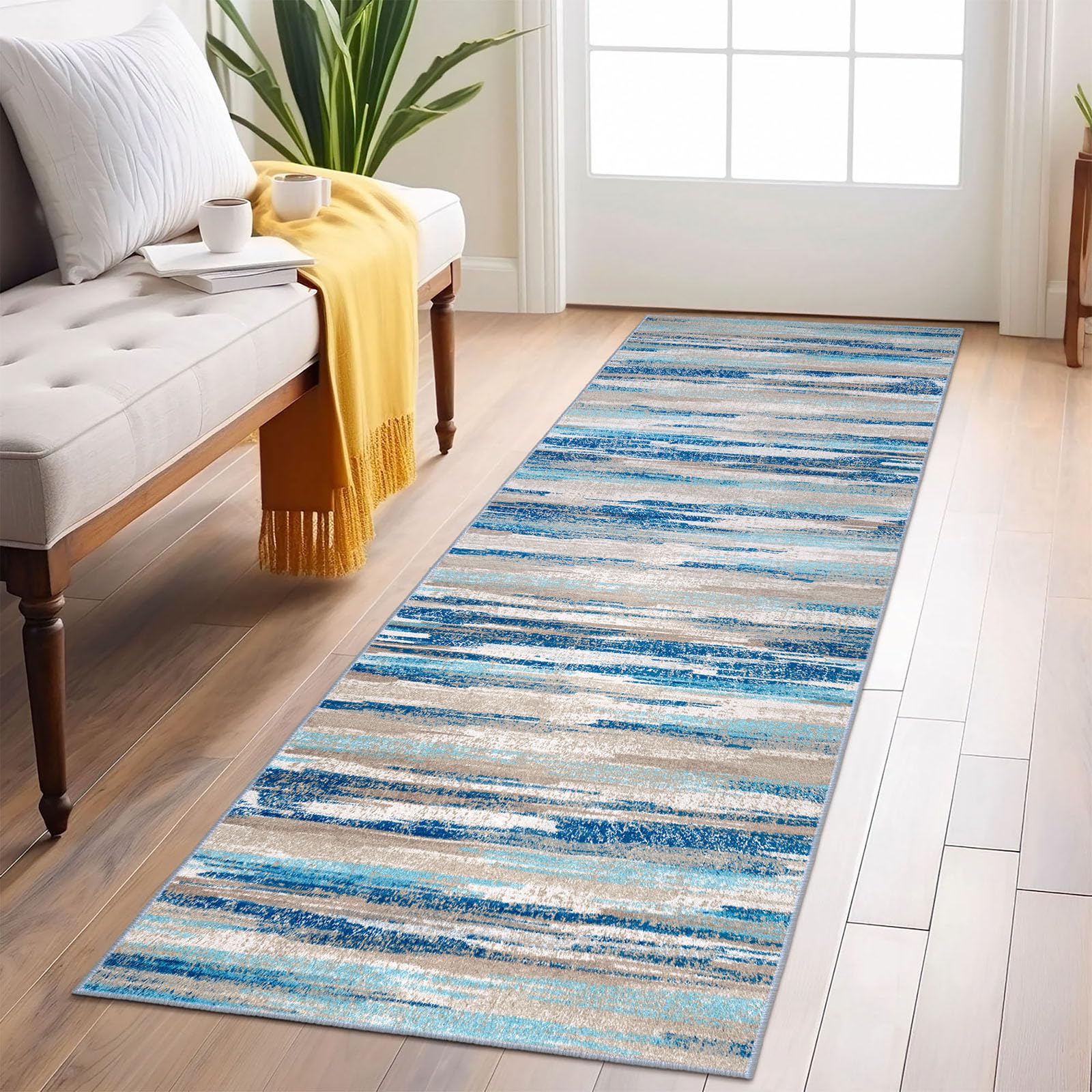 Lansny front view of aqua beige runner showing overall pattern and shape, enhances hallway decor