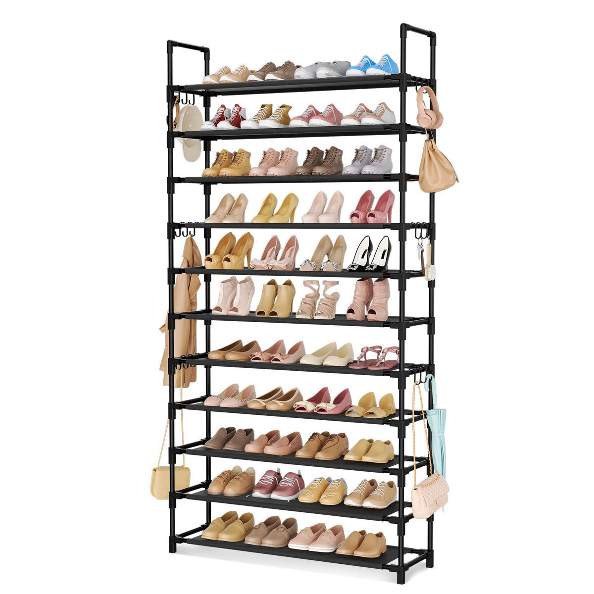 LANTEFUL front view of full-height shoe rack showing organized shoes and capacity benefit