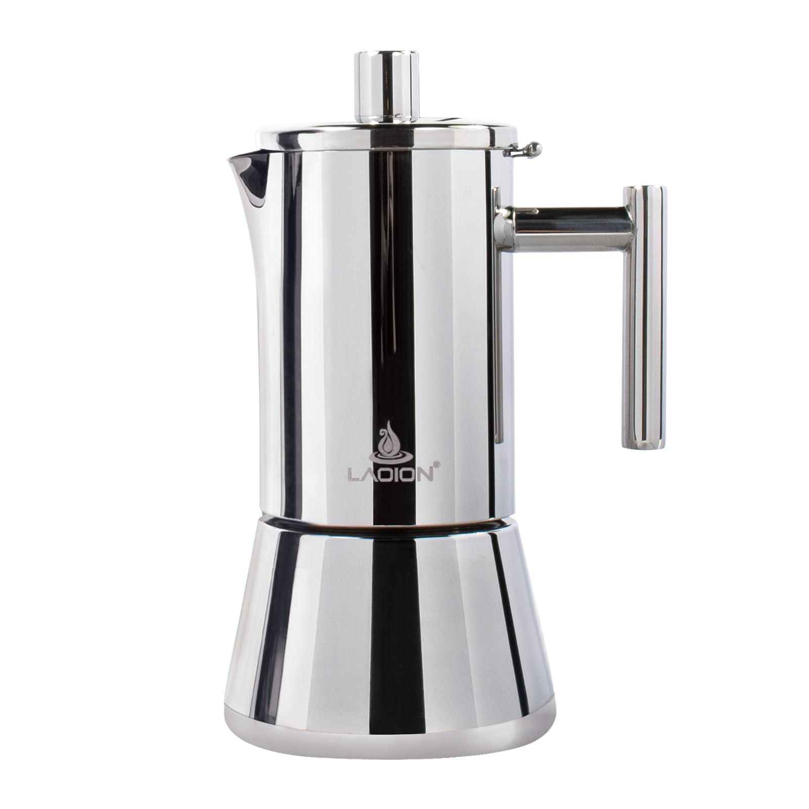 LAOION front view of stainless steel moka pot showing sleek finish and durability
