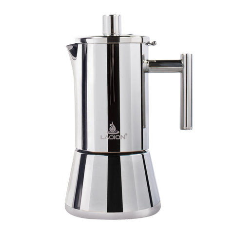 LAOION front view of stainless steel moka pot showing sleek finish and durability