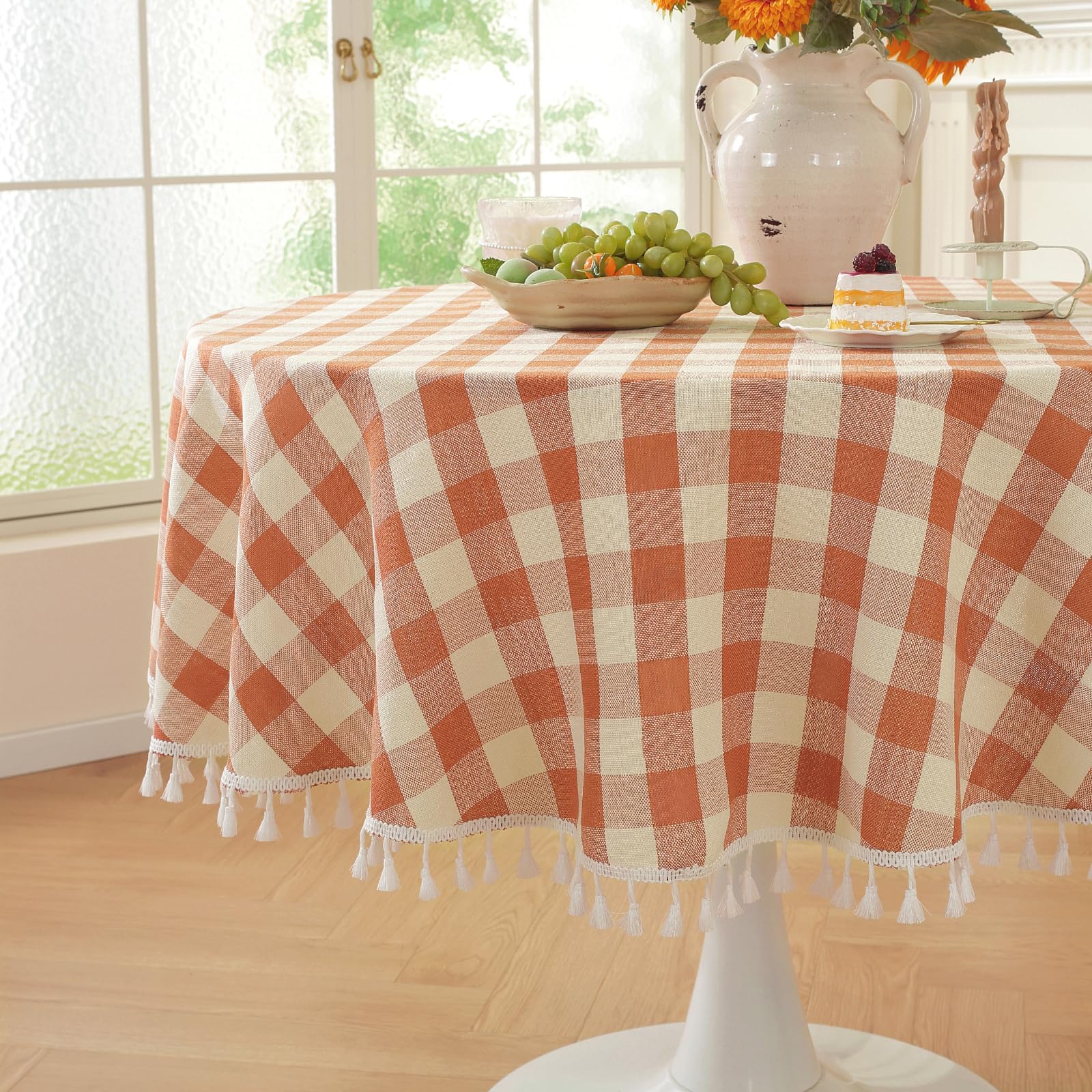 Laolitou front view of orange checkered tablecloth adds warm farmhouse style