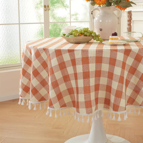 Laolitou front view of orange checkered tablecloth adds warm farmhouse style