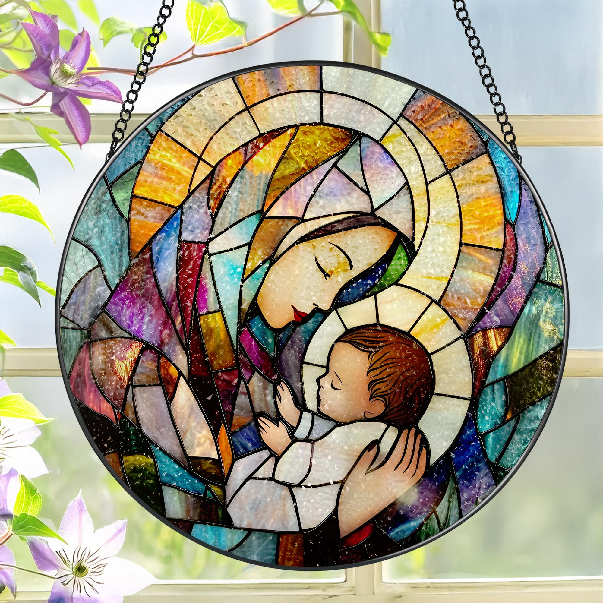 LAOWEIKI front view of Baby Jesus and Mary suncatcher glowing in window, adds devotional color