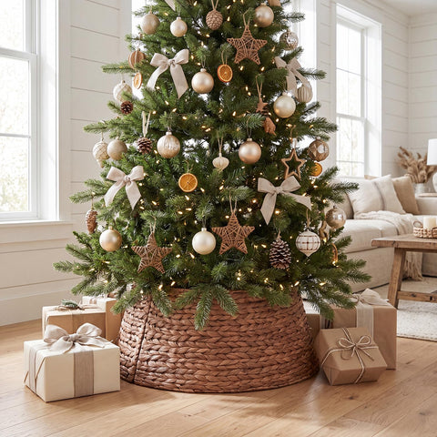 Laquedecraft collar around tree stand conceals hardware for clean display