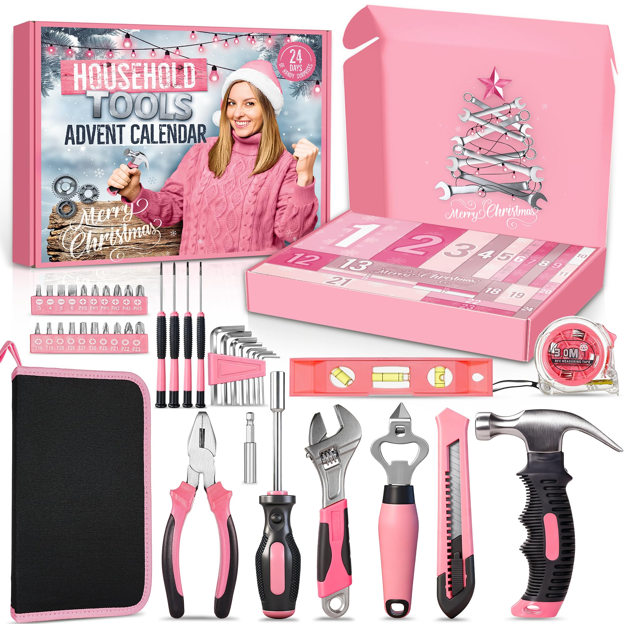 Larchio front packaging showing pink advent calendar and tools, stylish gift appeal