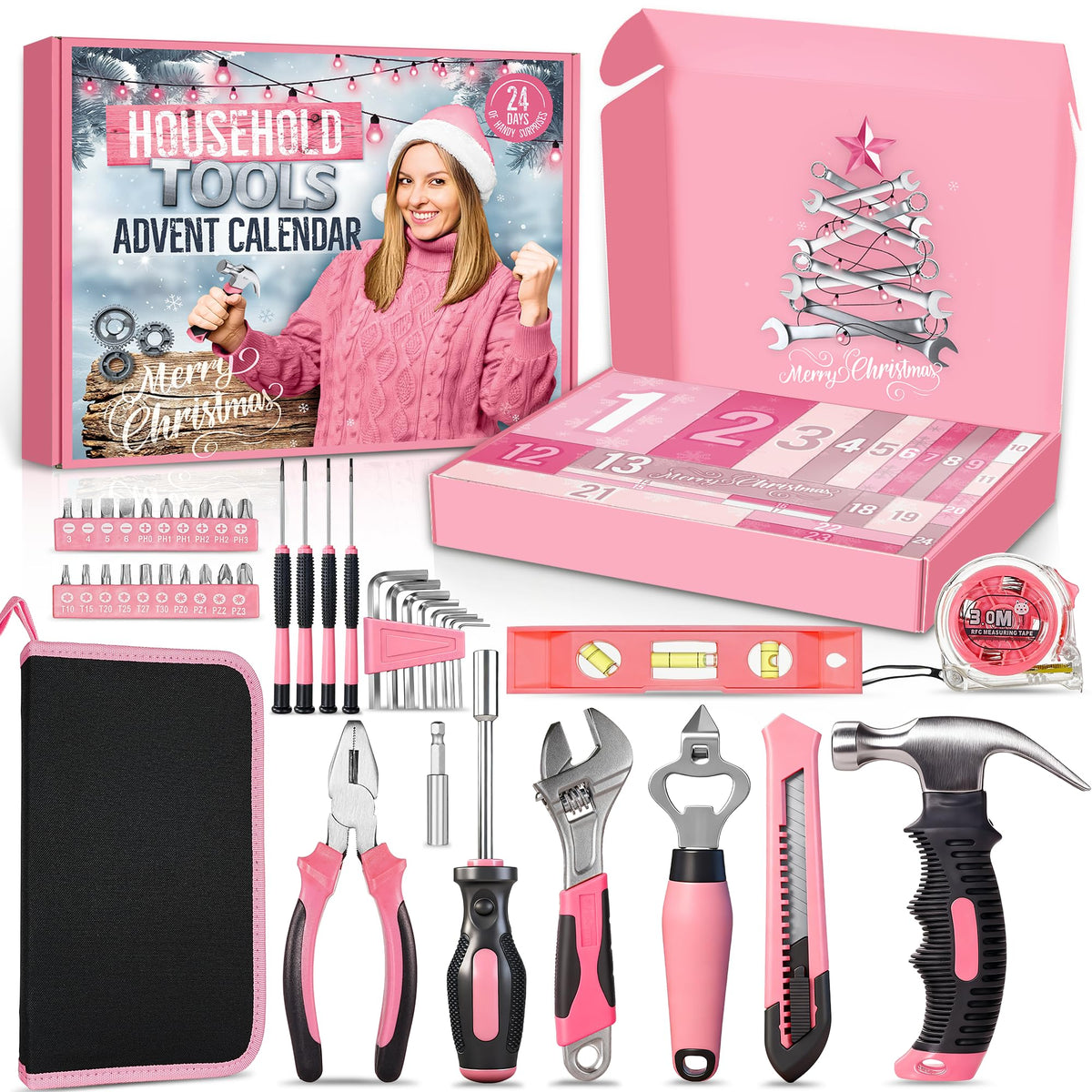 Larchio front packaging showing pink advent calendar and tools, stylish gift appeal