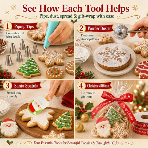 Larchio stencil and decorative tools for polished cookie finishes