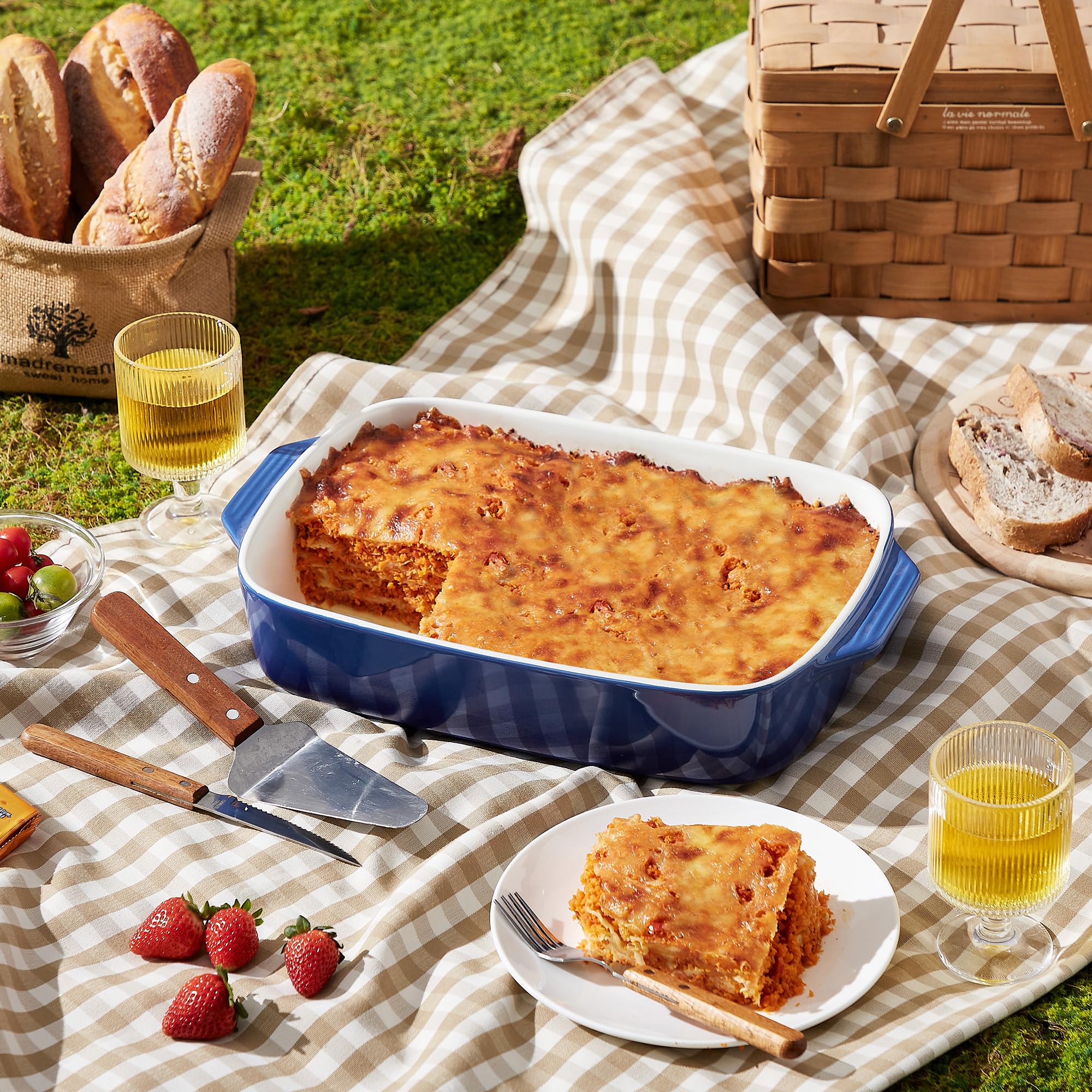 Lareina casserole served with lasagna showing attractive oven-to-table appeal