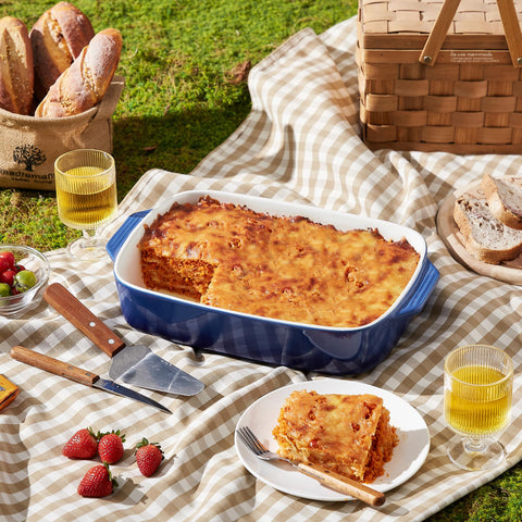 Lareina casserole served with lasagna showing attractive oven-to-table appeal
