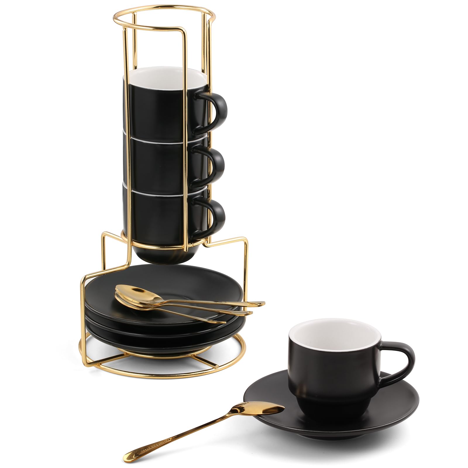 Lareina black espresso cups front view showing neat packaging and compact design benefit