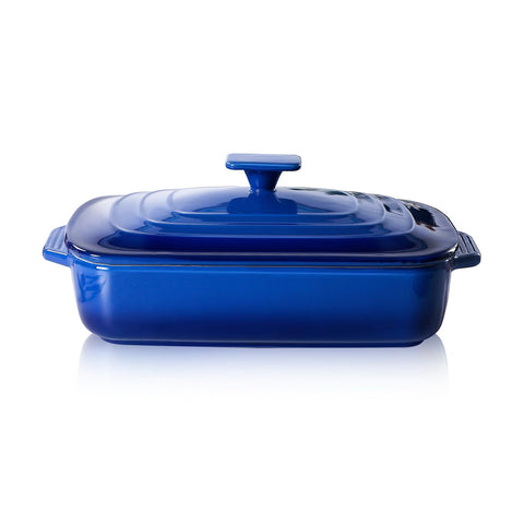 Lareina blue casserole front view showing oven-ready design and elegant serving