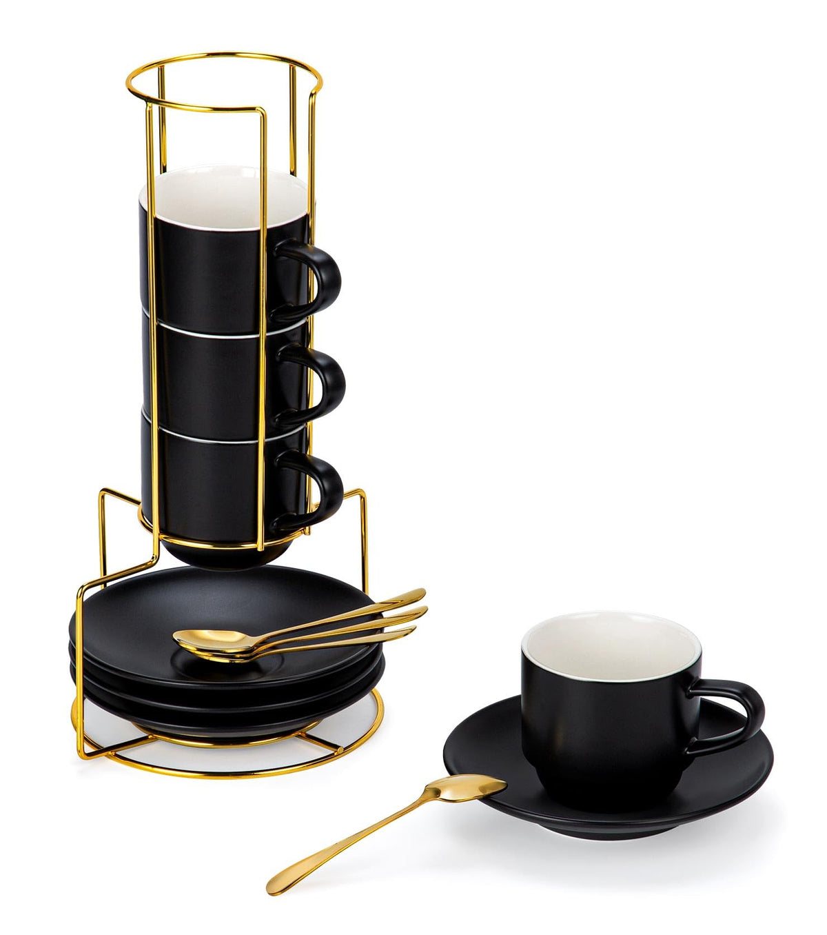 Lareina front view of four stacked cups on stainless-steel rack showing neat storage