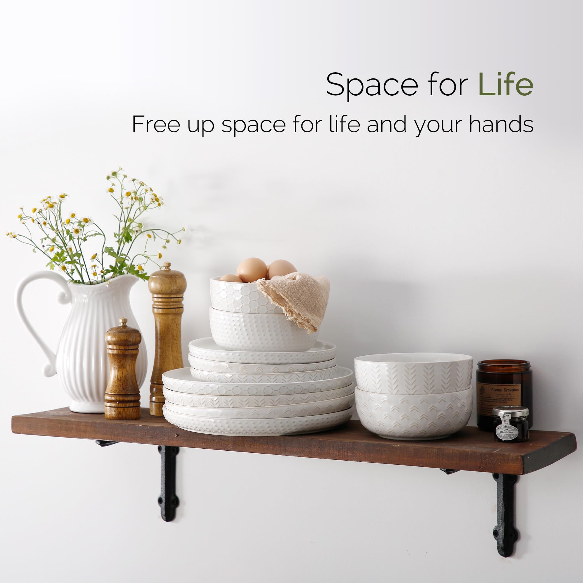 Lareina stacked dishes in cupboard demonstrating space-saving storage benefit