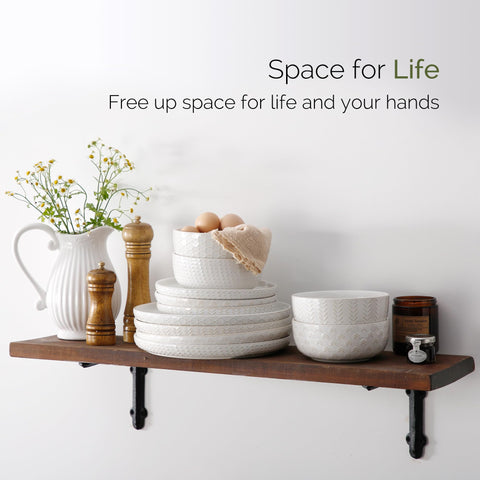 Lareina stacked dishes in cupboard demonstrating space-saving storage benefit