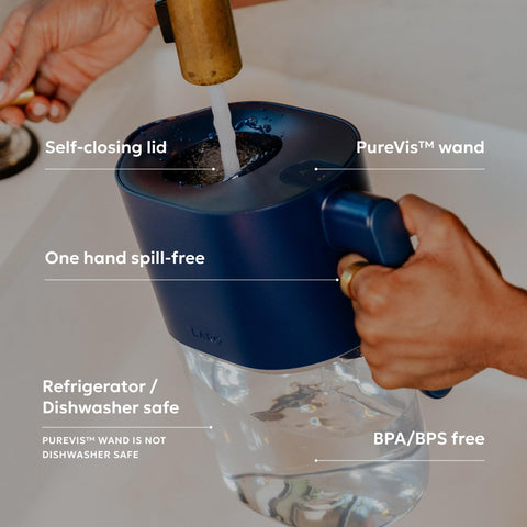 LARQ PureVis carbon filter cartridge close-up, emphasizes contaminant removal and longevity