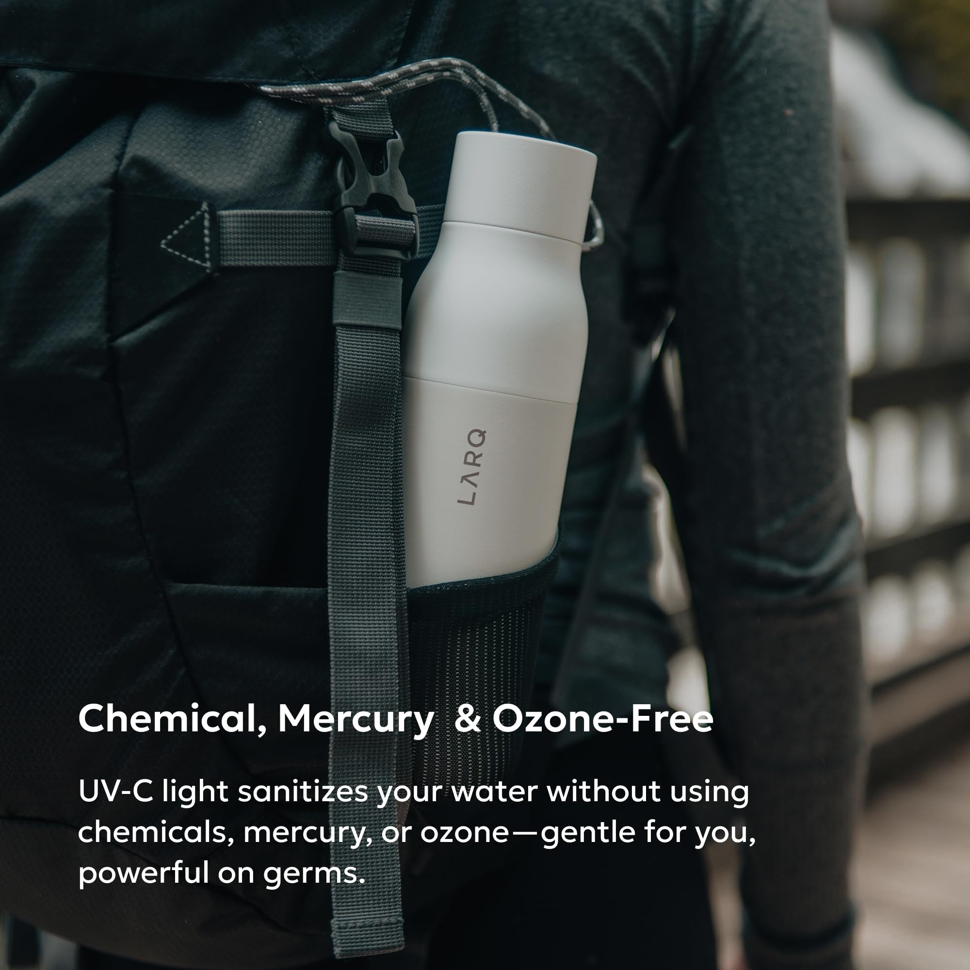 LARQ bottle stowed in a backpack offering travel convenience and durability