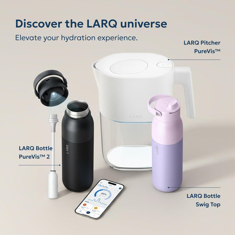 LARQ PureVis pitcher on kitchen counter with glass, suggests daily use and better tasting water