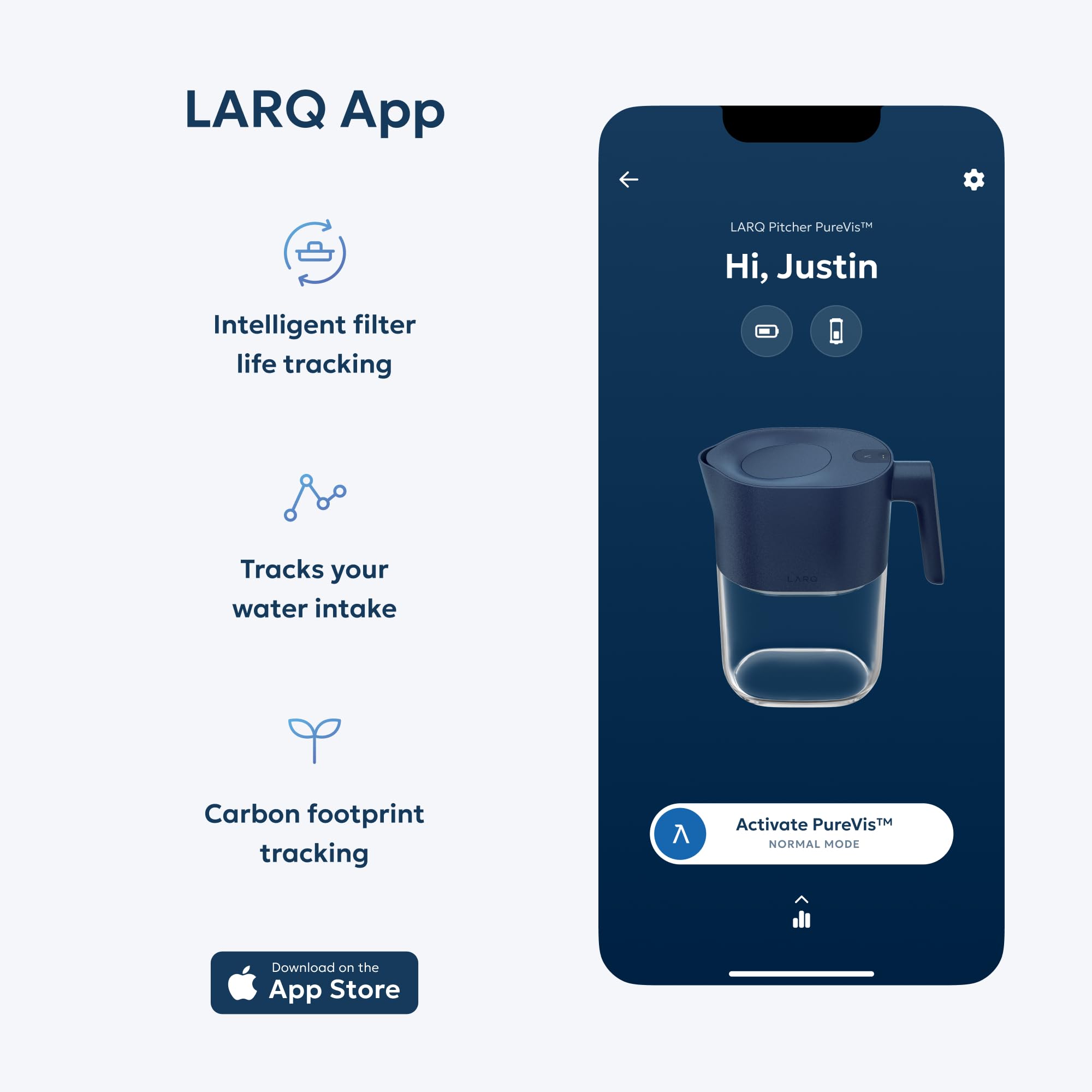 LARQ PureVis next to a water bottle for scale, conveys size and fridge compatibility