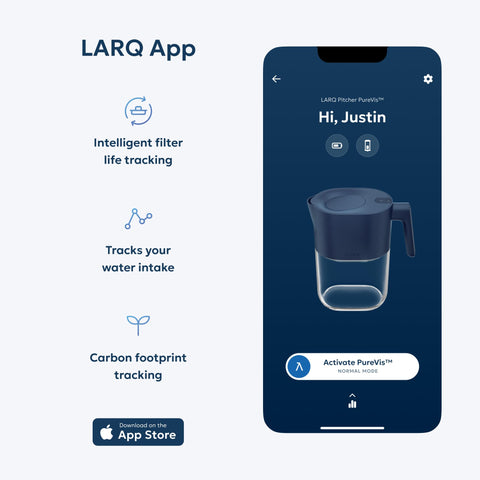LARQ PureVis next to a water bottle for scale, conveys size and fridge compatibility