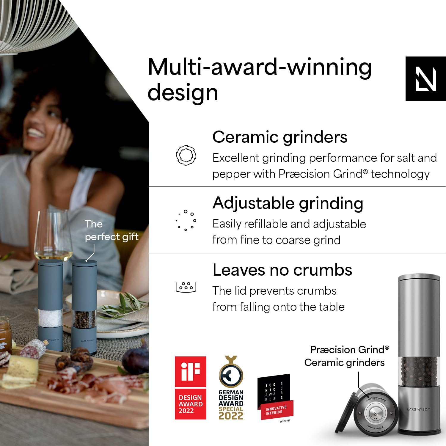 LARS NYSØM ceramic grinder close-up highlighting adjustable precision