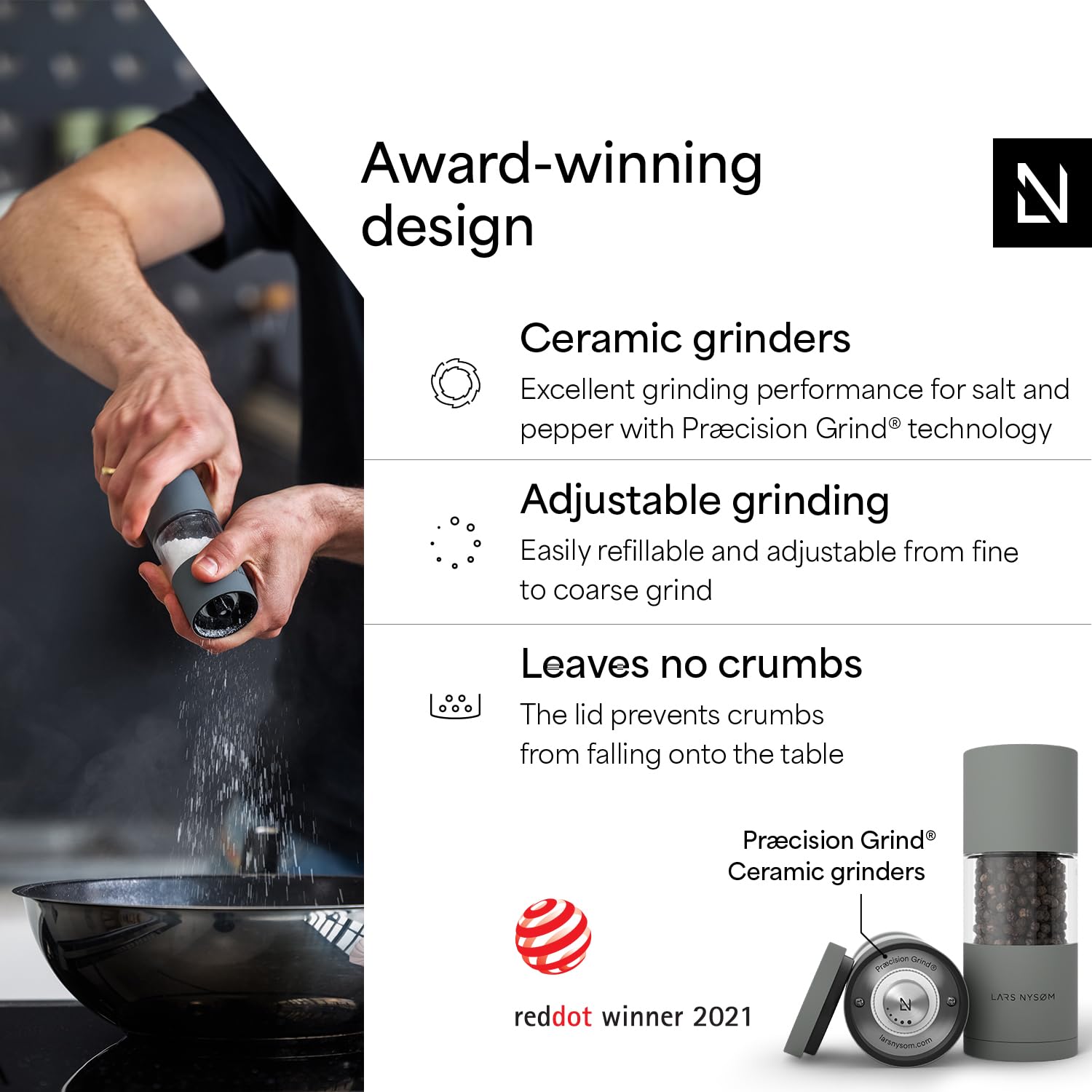 LARS NYSØM close-up of ceramic grinder mechanism highlighting durable adjustability