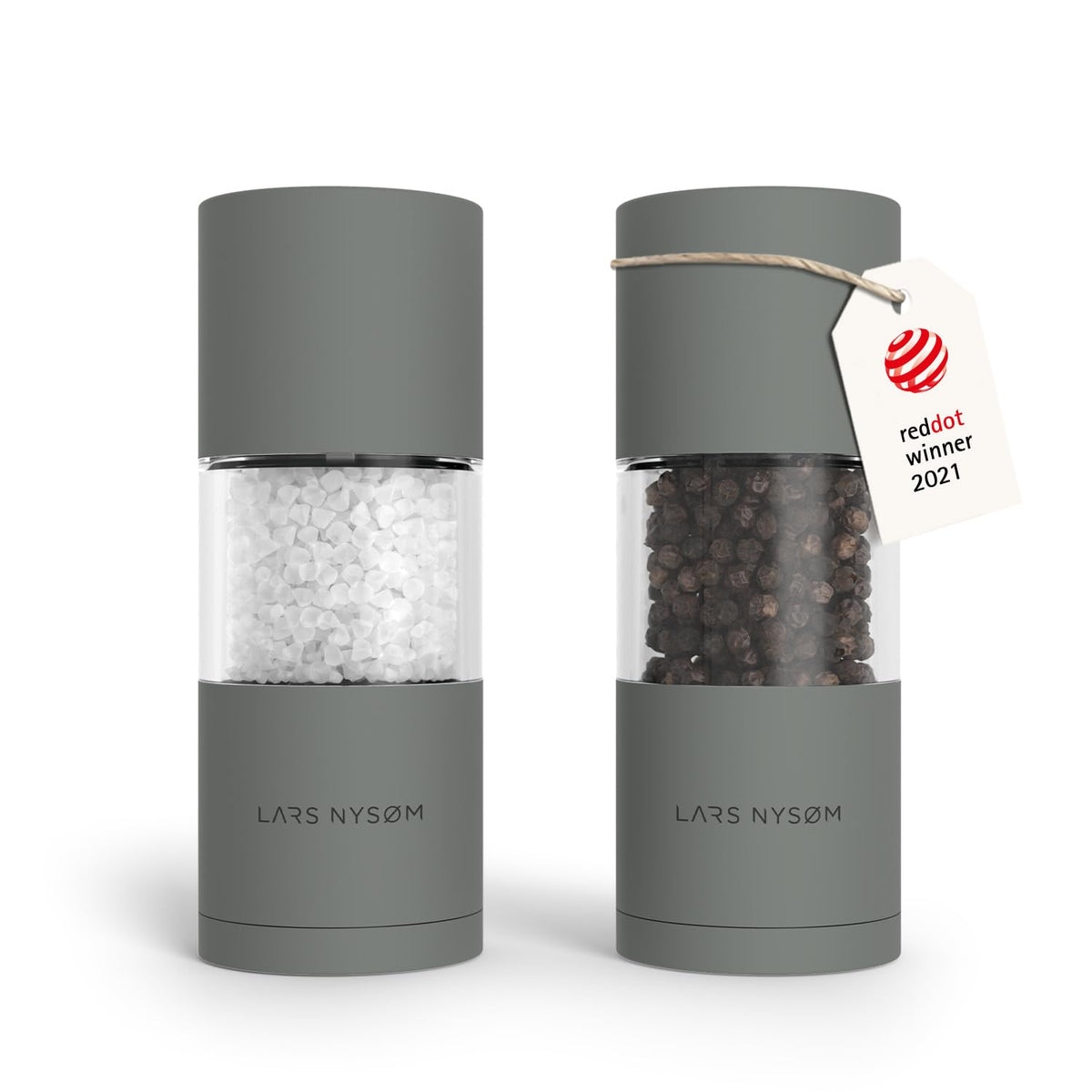 LARS NYSØM front view ash gray grinders showing sleek design and easy handling
