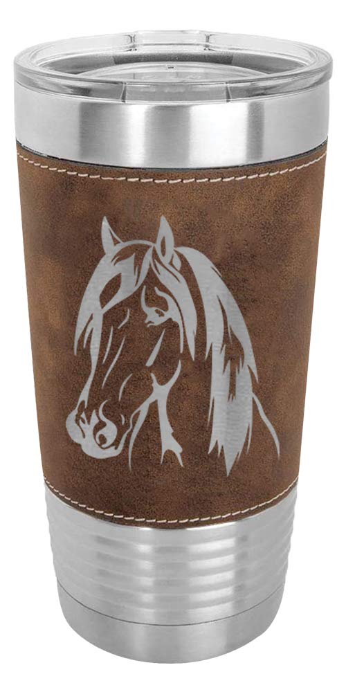 LaserGram horse head tumbler front view showing rustic wrap and insulated benefit
