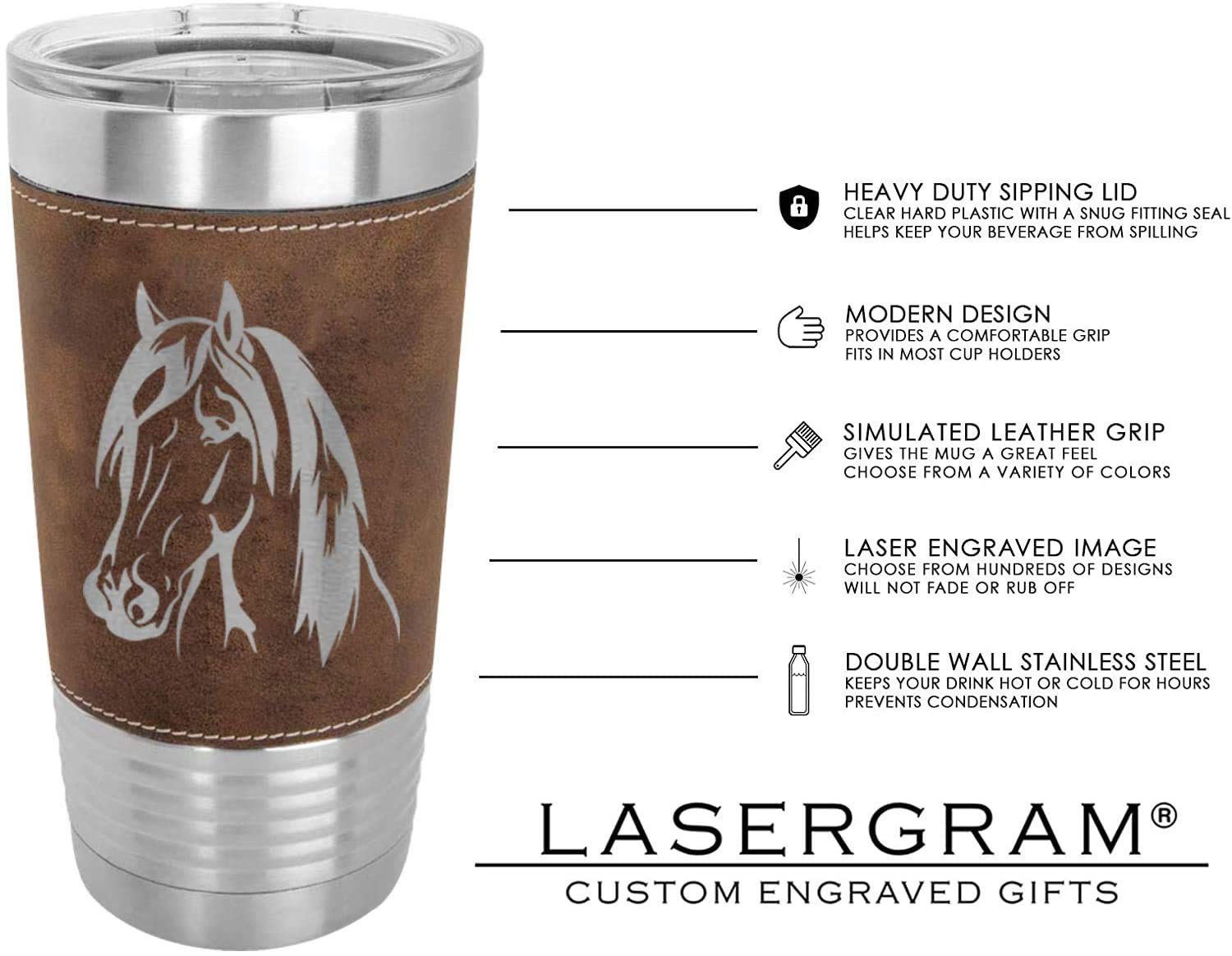 LaserGram tumbler placed in barn setting showing rugged style and temperature retention