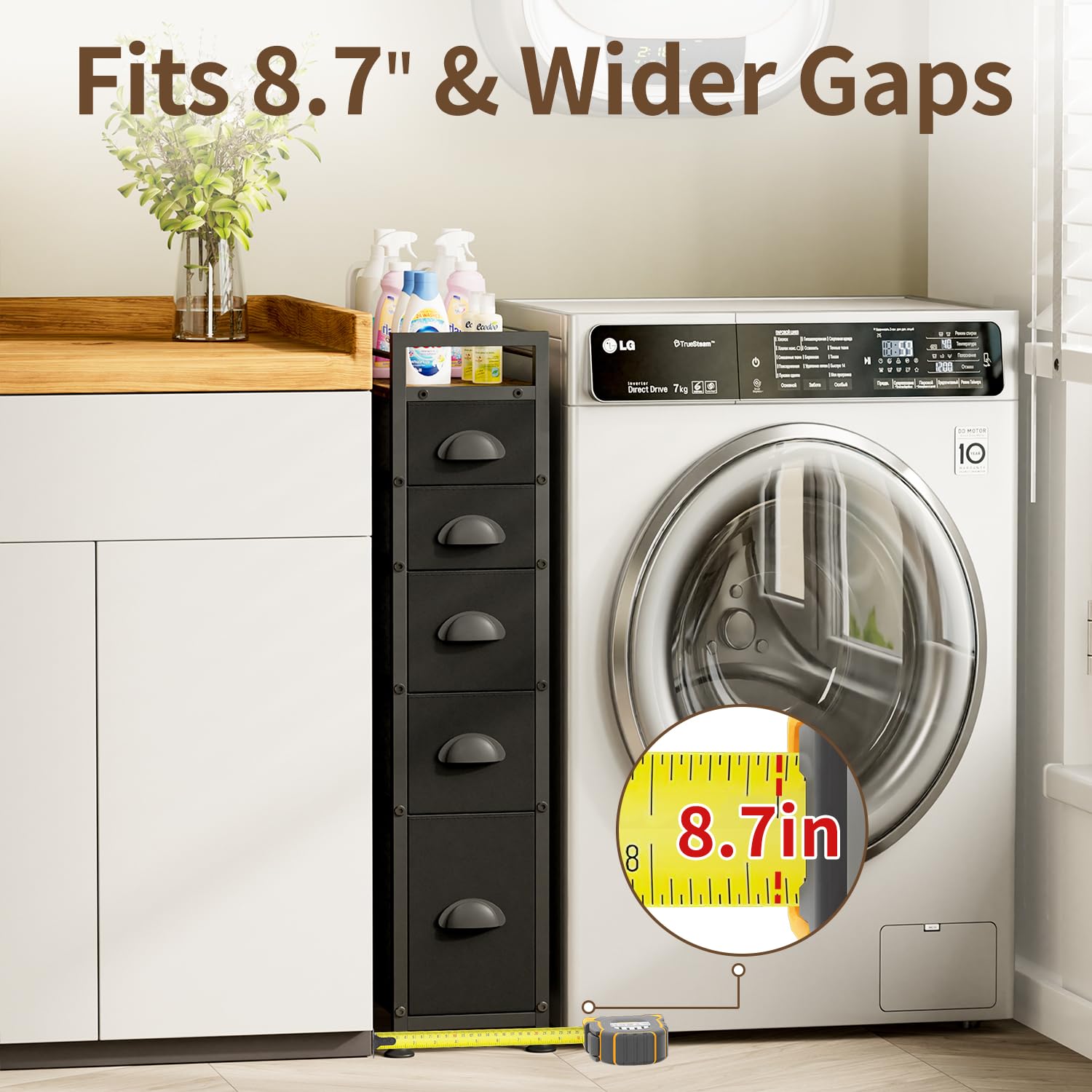 LASZOLA shown next to washing machine to illustrate narrow clearance fit