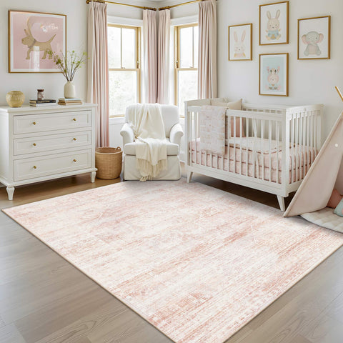 Latte&Fog front view of pink 5x7 rug showing boho pattern and soft look