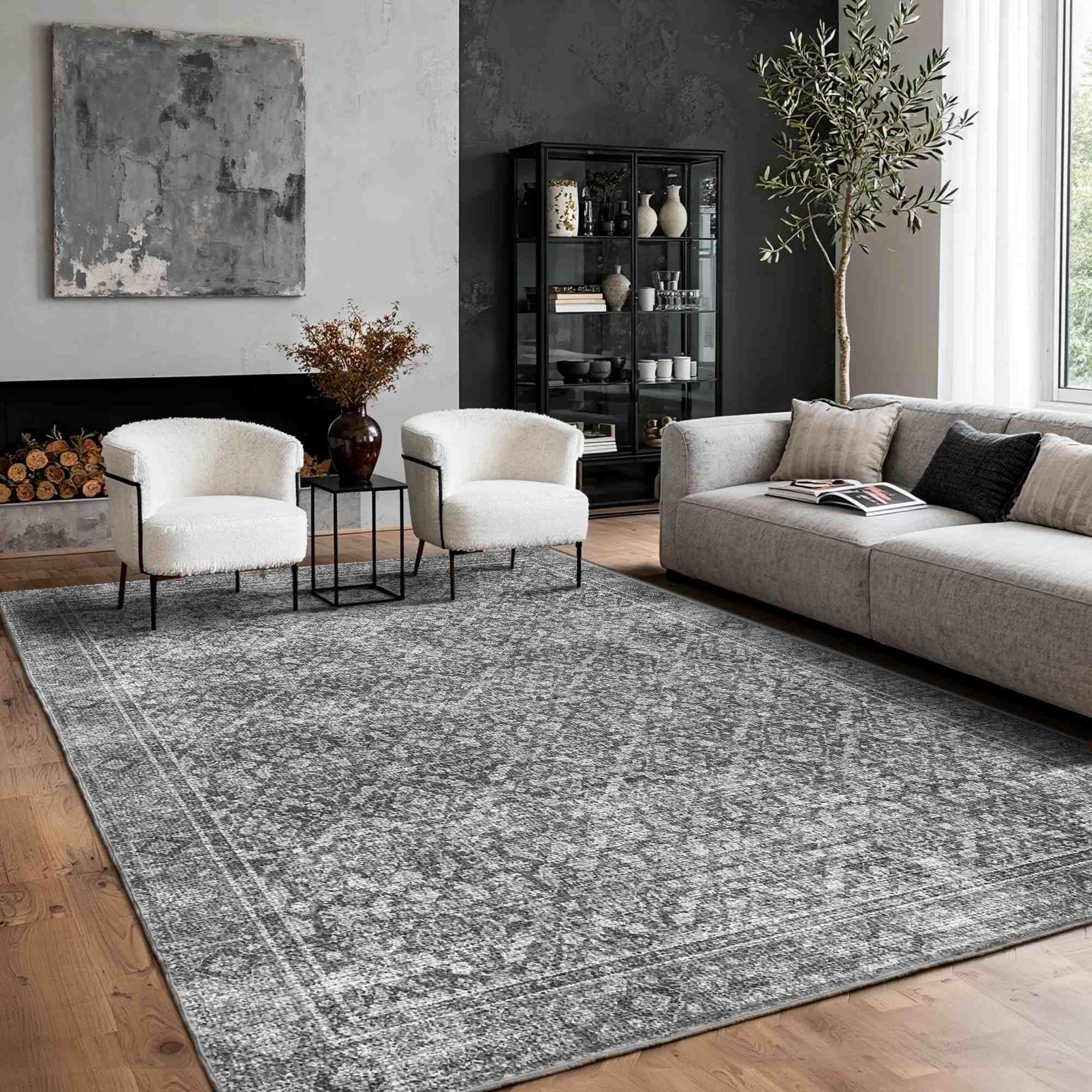 Latte&Fog front view of 5x7 grey rug showing full design and proportions