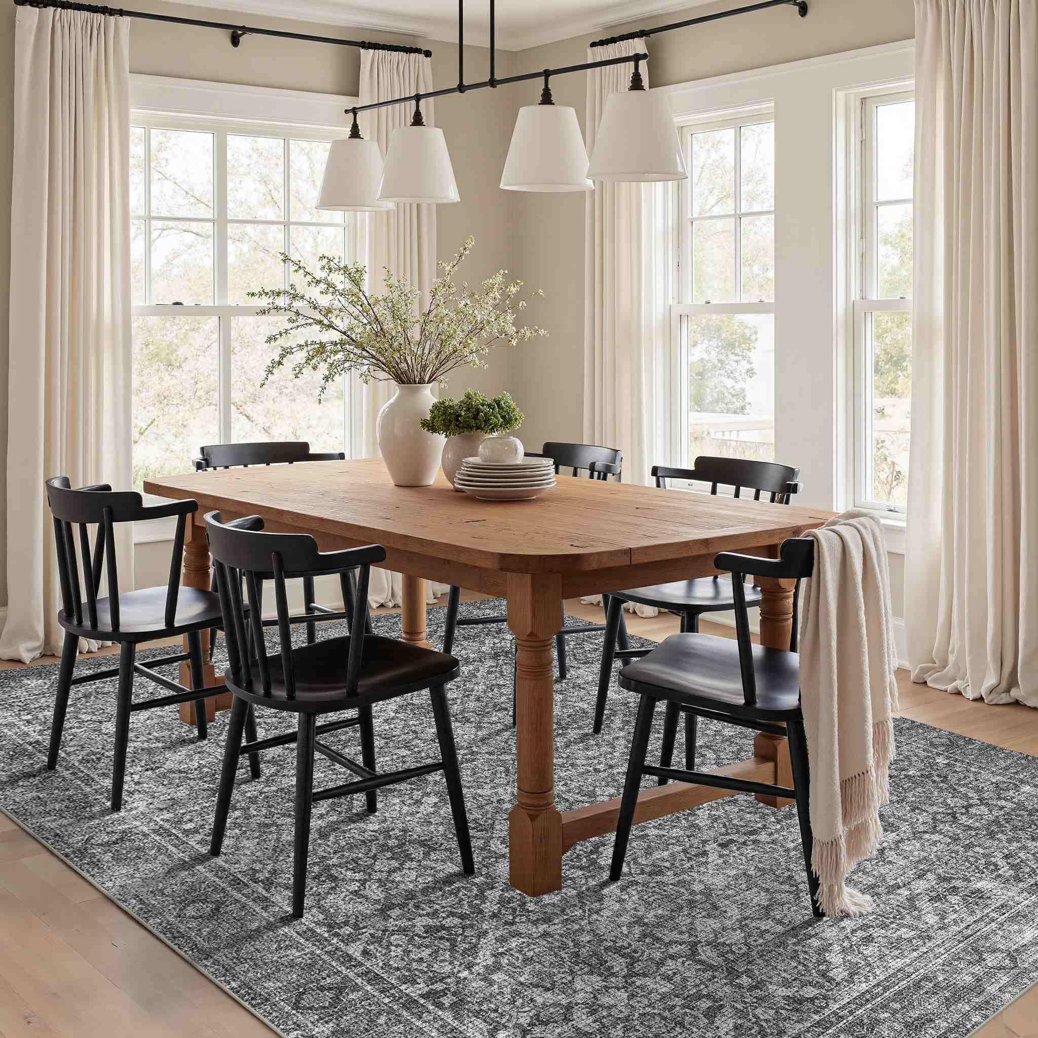 Latte&Fog grey rug styled in a living room offering cozy floor comfort