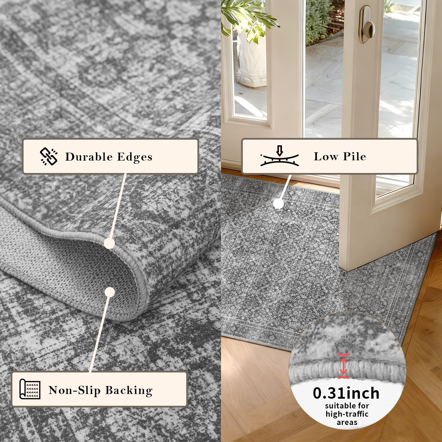 Latte&Fog rug tucked under sofa showing slim profile and door clearance
