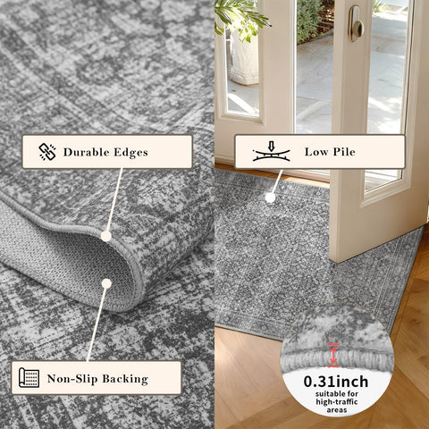 Latte&Fog rug tucked under sofa showing slim profile and door clearance