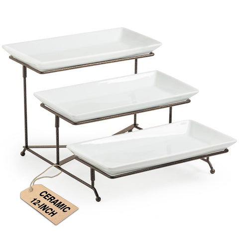 LAUCHUH front view of three-tier serving tray showing elegant party display and easy access