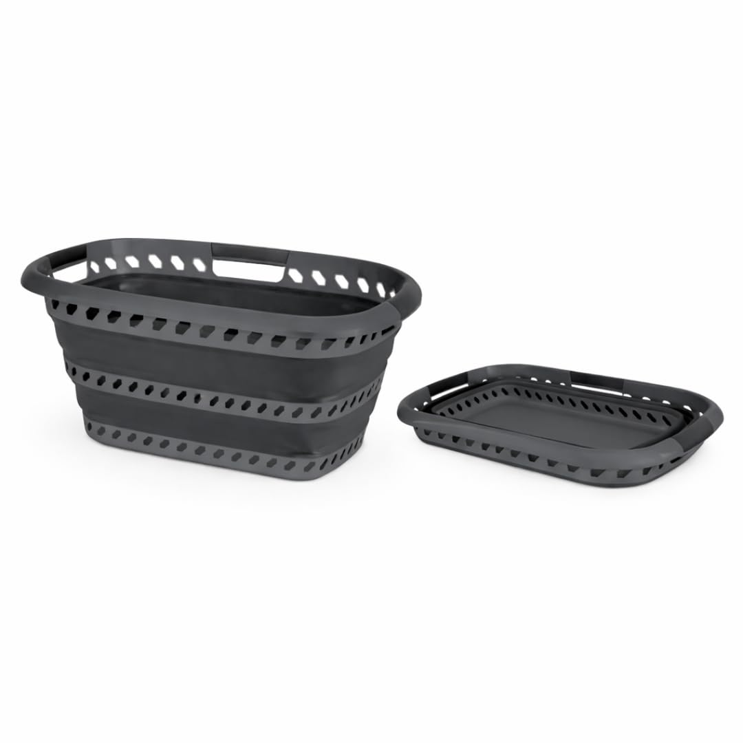 Laundry 360 front view showing grey black finish and oval shape for space saving