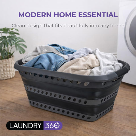 Laundry 360 beside shoes showing 40L capacity and real size comparison