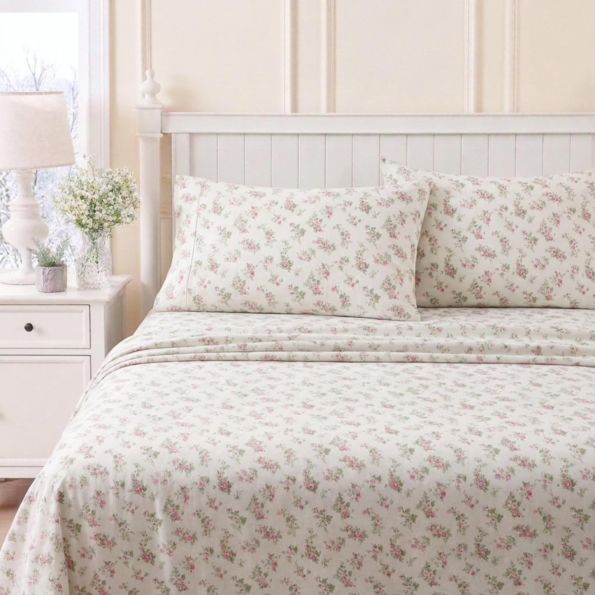 Laura Ashley lifestyle bedroom view with Audrey Pink sheets creating a calm, inviting bed