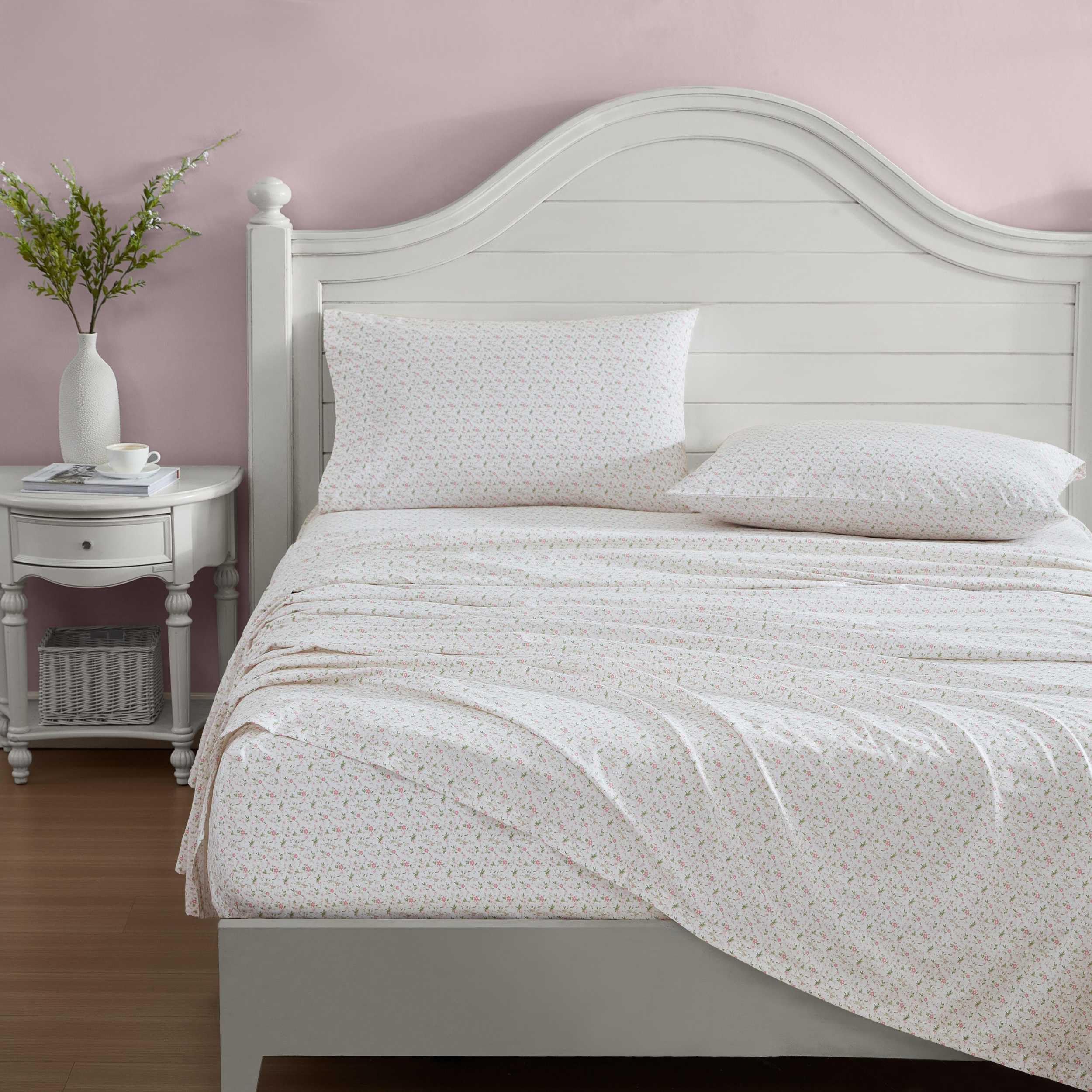 Laura Ashley Evie Pink set dressed on a Twin XL bed for styling ideas